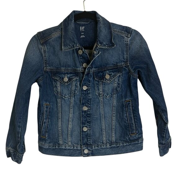Gap Kids Blue Denim Jacket Size L Cropped Bomber Jean Pockets Cotton‎ Trucker - Picture 1 of 5